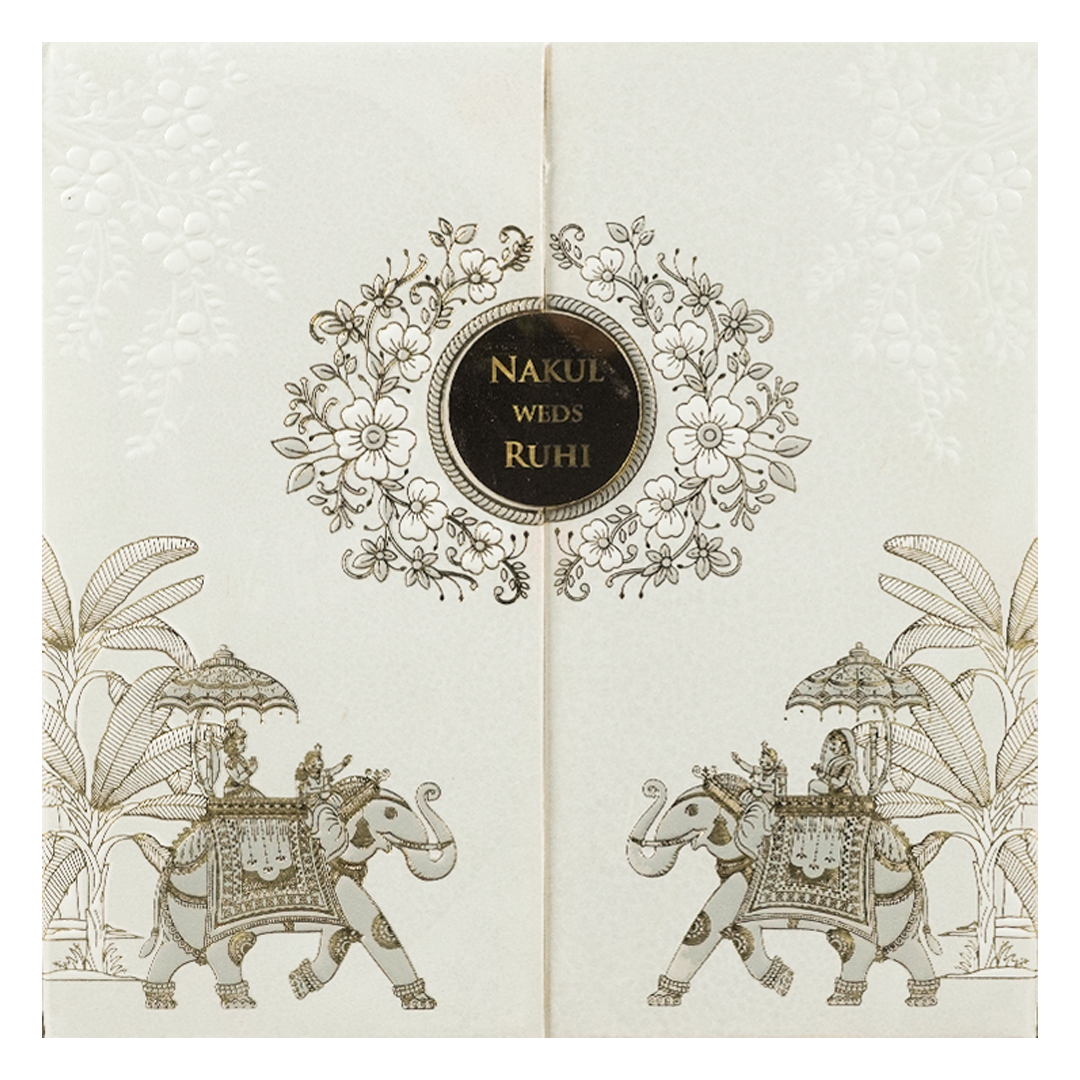 White Floral Elephant Padded Wedding Card-KRE28320