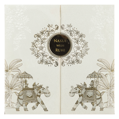 White Floral Elephant Padded Wedding Card-KRE28320