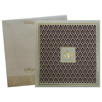 Maroon Laser Cut Floral Modern Wedding Card-KMMEX8240