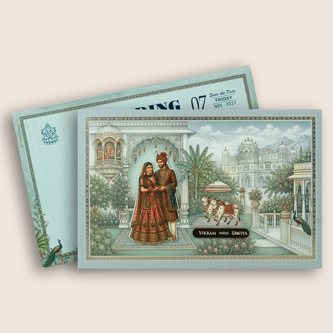 Blue Palace Bride Groom Padded Wedding Invitation - KSH18100