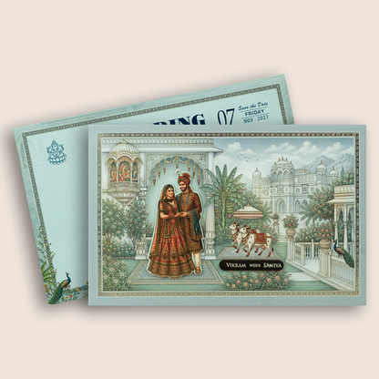 Blue Palace Bride Groom Padded Wedding Invitation - KSH18100