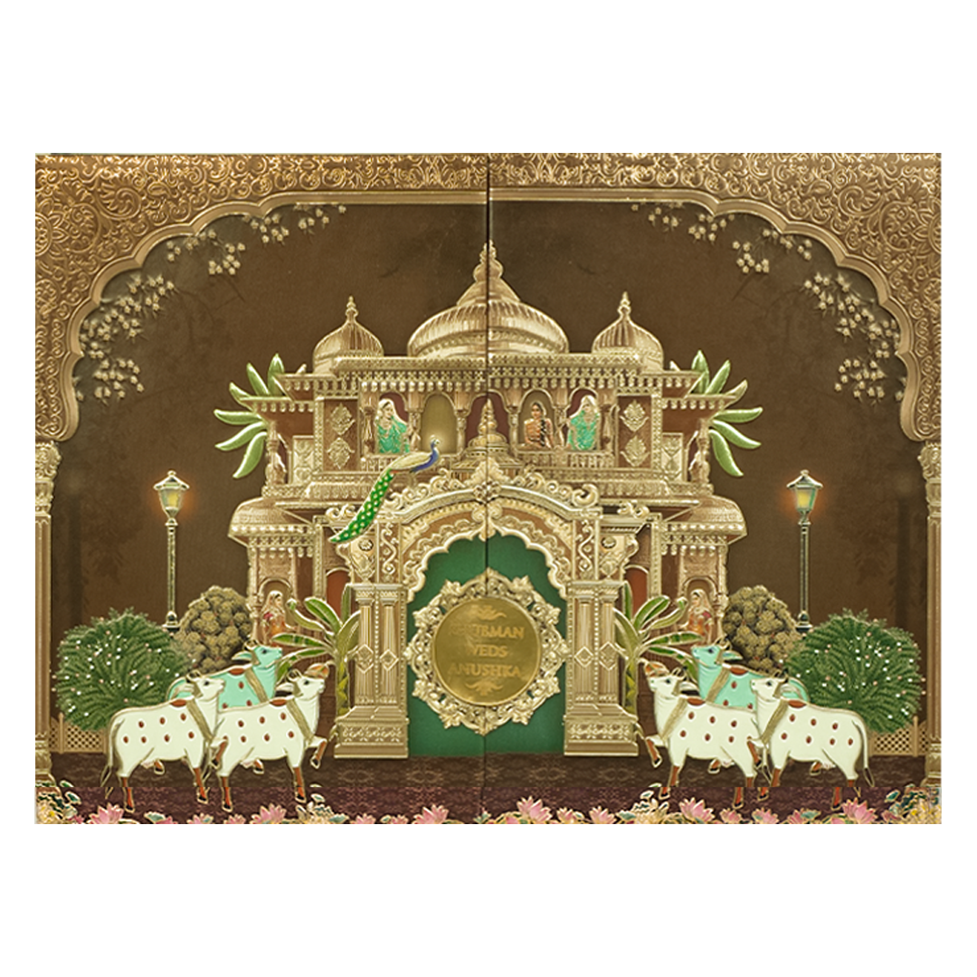 Brown Gold Royal Temple Padded Wedding Card-KRB09270