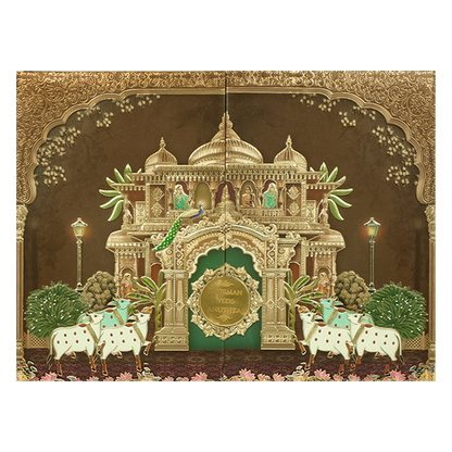 Brown Gold Royal Temple Padded Wedding Card-KRB09270