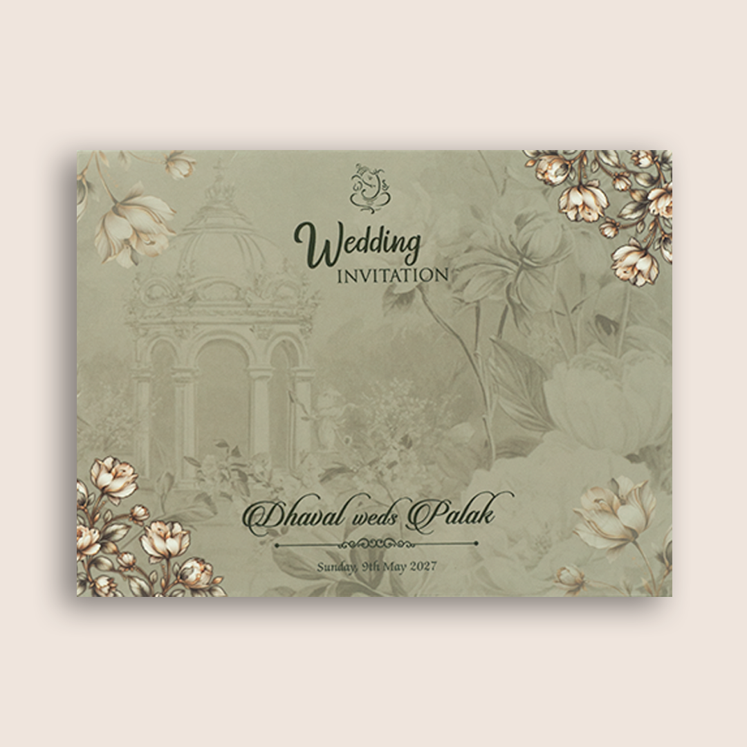 Beige Floral Embossed Door Style Padded Wedding Card - KVN07900