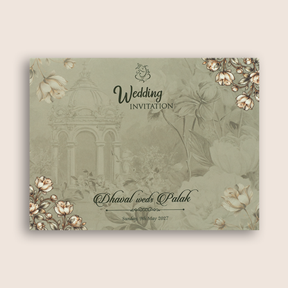 Beige Floral Embossed Door Style Padded Wedding Card - KVN07900