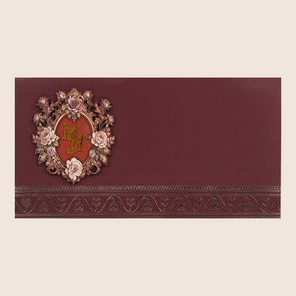 Maroon Floral Padded Bag Style Wedding Card - KPR024890