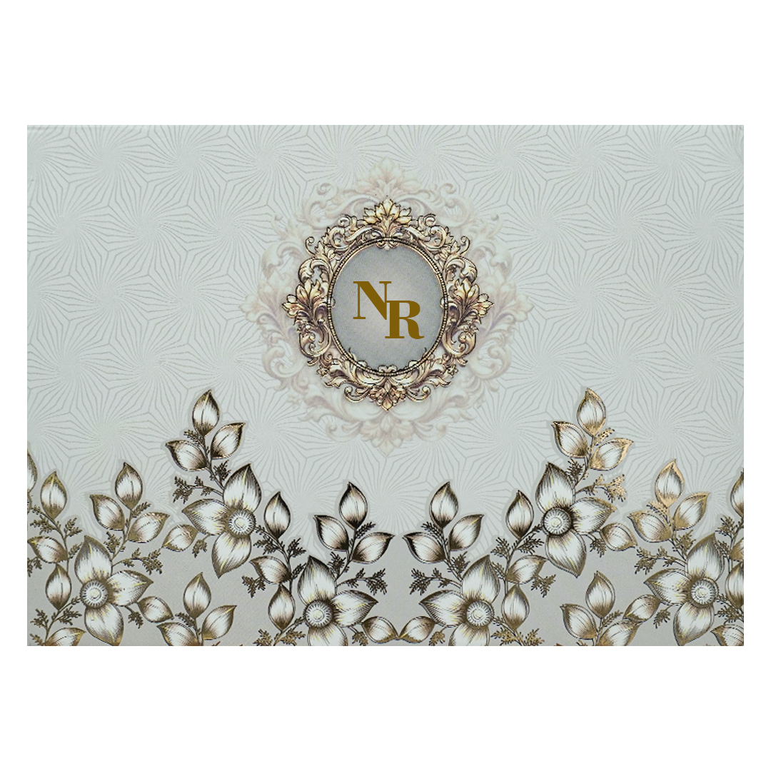 Grey Floral Gold Frame Padded Wedding Card-KRE27990