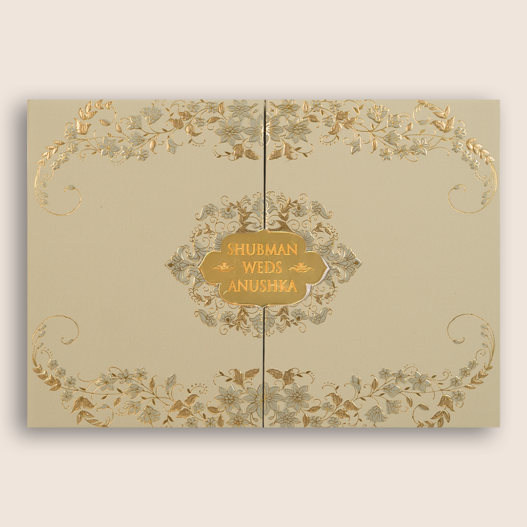 Beige Floral Padded Door Style Wedding Card - KRB09752