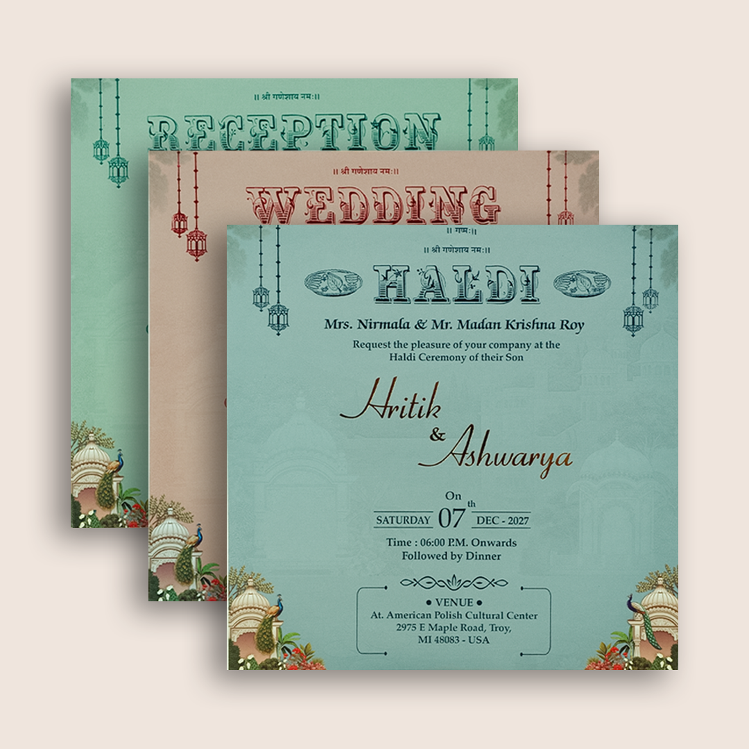 Blue Padded  Peacock Floral Wedding Card - KSH18620
