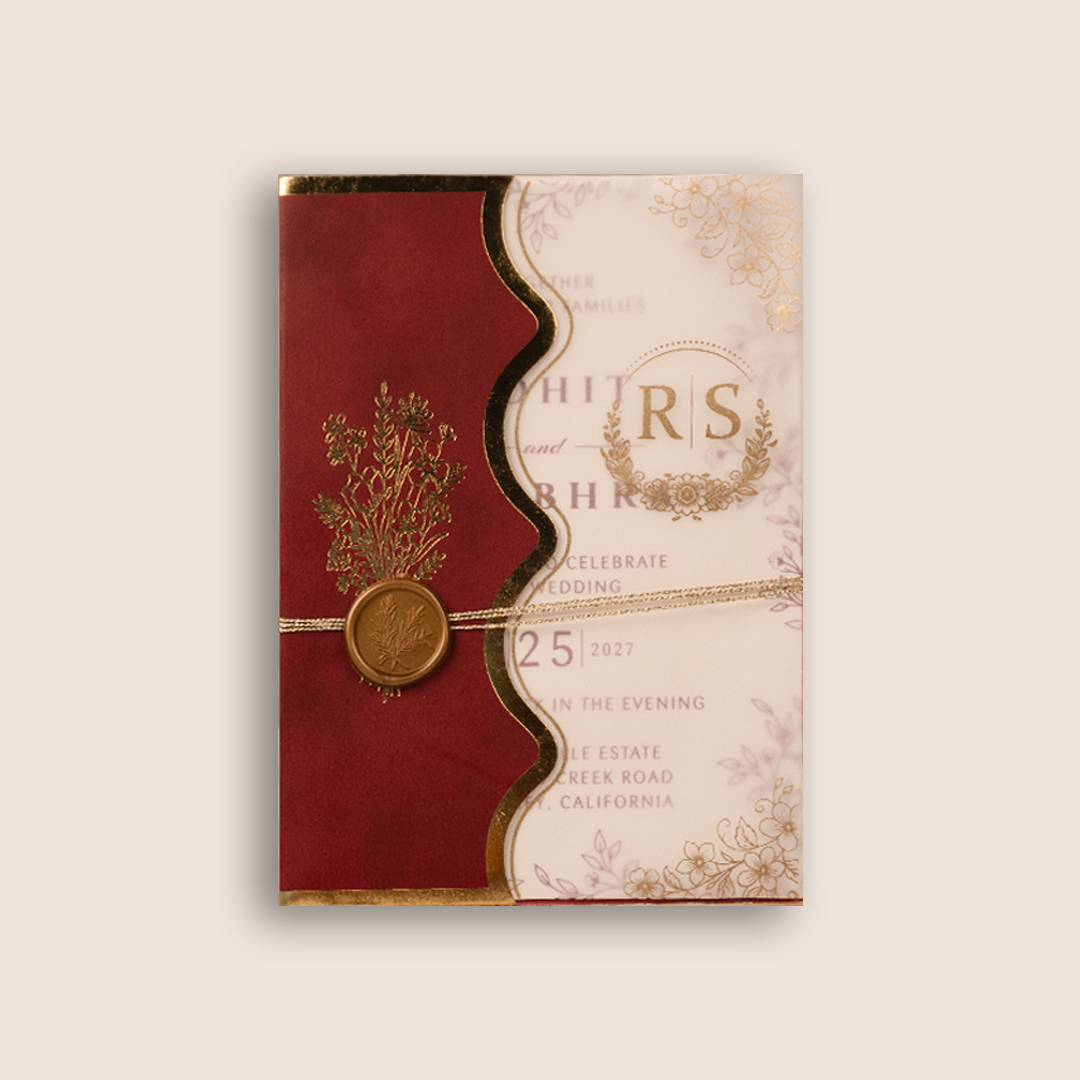 Maroon Floral Laser Cut Wedding Card  - KJP25100