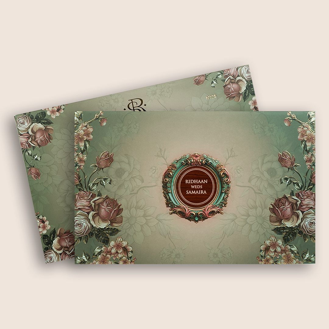 Green Rose Floral Embossed Padded Wedding Card - KVN07250