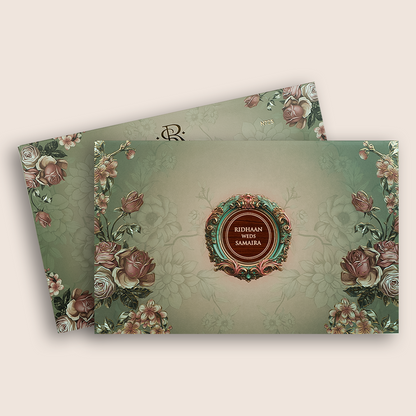 Green Rose Floral Embossed Padded Wedding Card - KVN07250