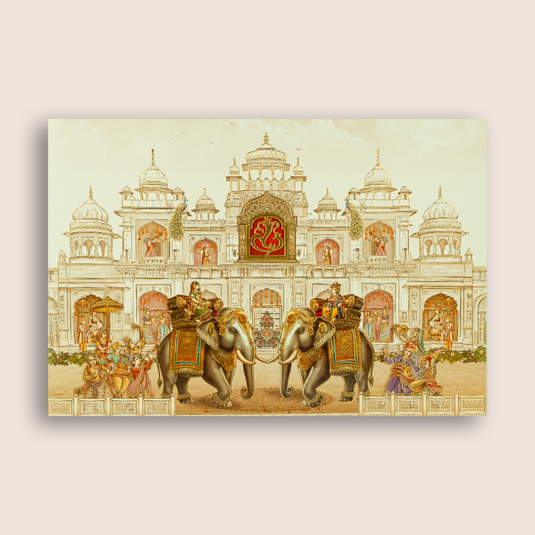 Beige Royal Elephant Palace Wedding Card - KAA05310