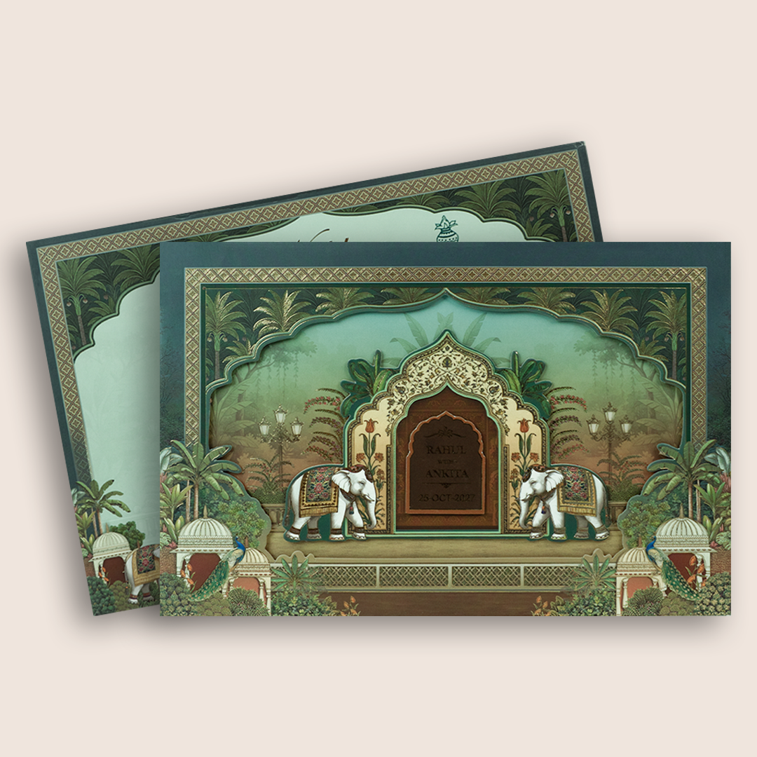 Green Elephant Laser Cut Padded Wedding Card - KSH18020