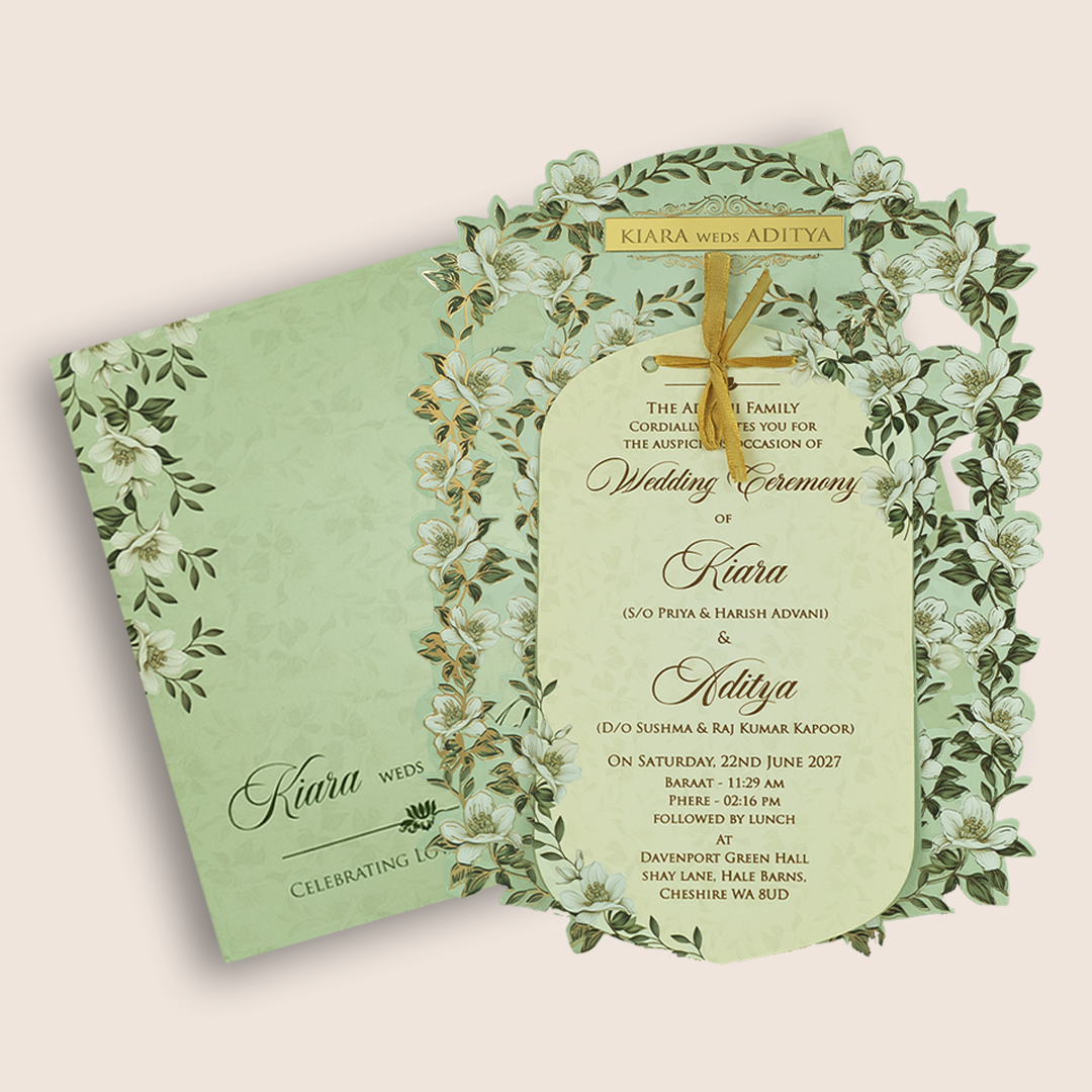 Pista Green Floral Laser Cut Wedding Card  - KFR17240