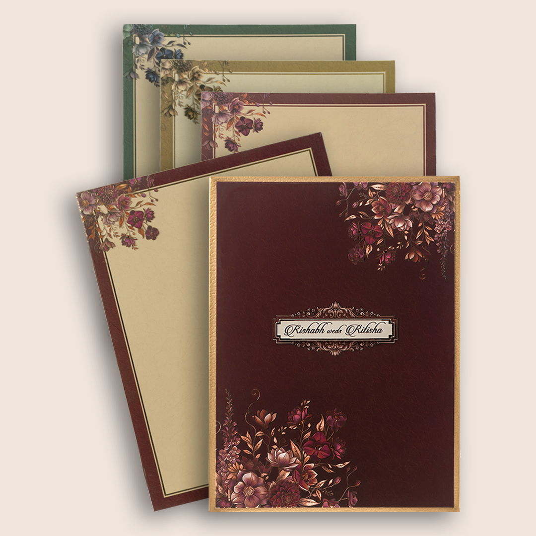 Dark Maroon Floral Padded Wedding Card - KAA05810