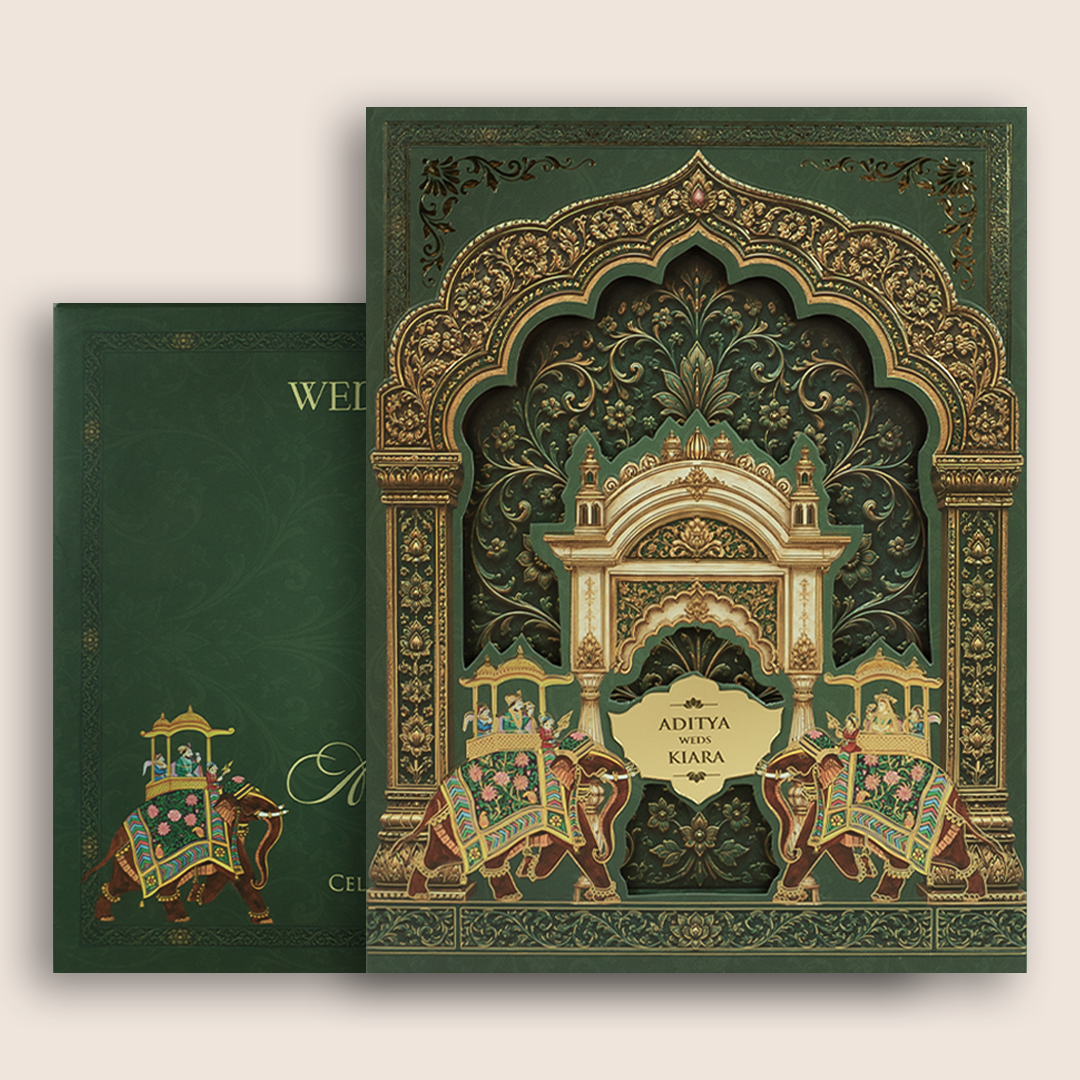Green Royal Elephant Laser cut Padded Wedding Card - KFR17470