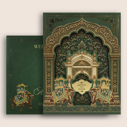 Green Royal Elephant Laser cut Padded Wedding Card - KFR17470