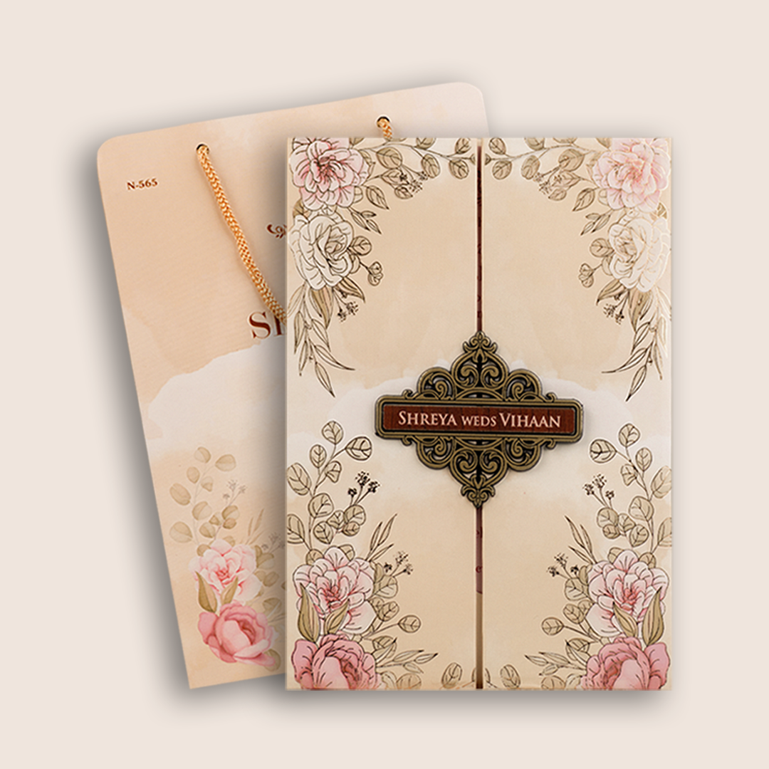 Cream Floral Padded Door Style Marriage Invitation - KVN05650