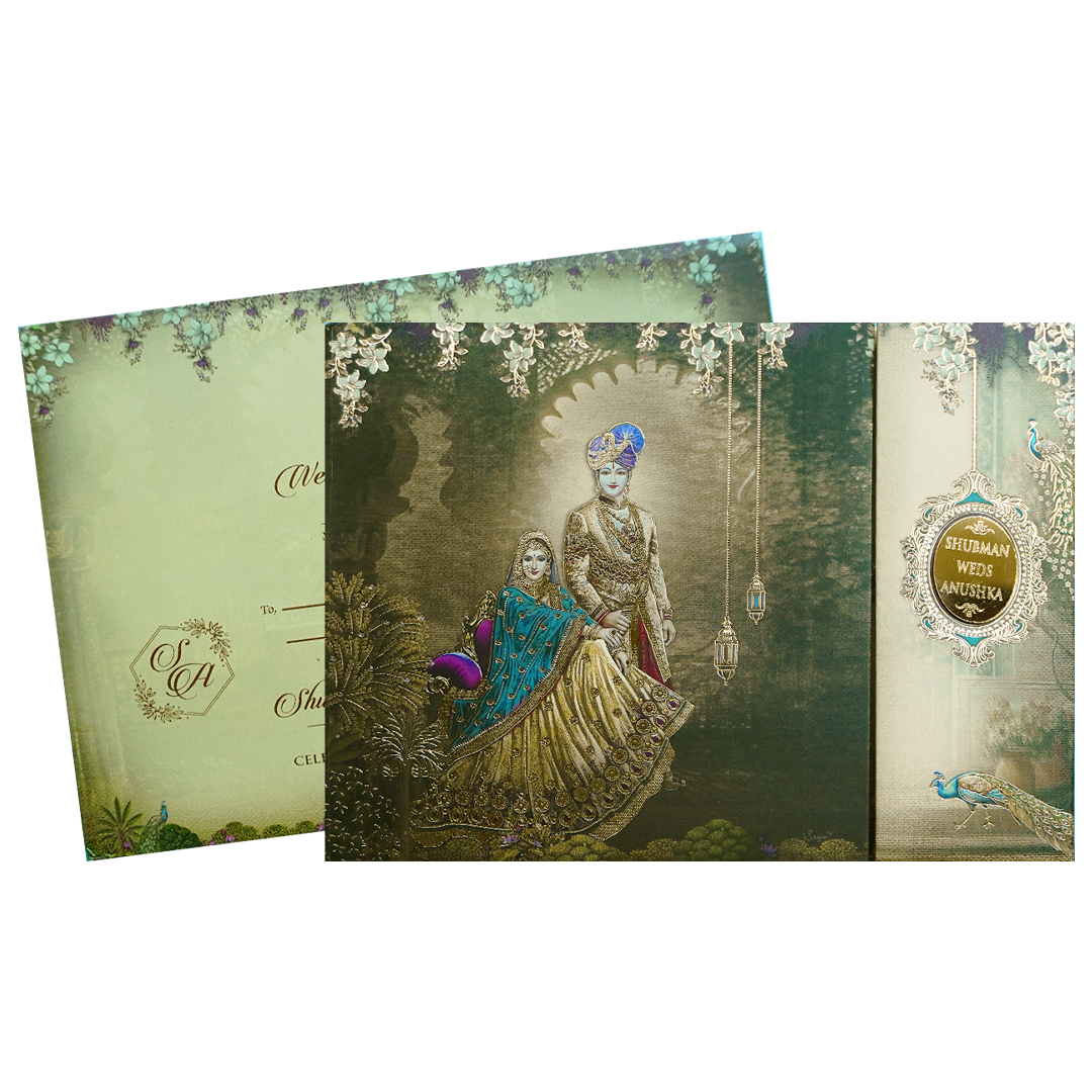 Gold Foil Royal Peacock Theme Padded Wedding Invitation Card with Bride and Groom-KRB09600