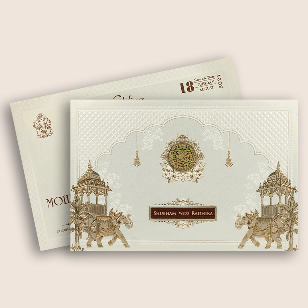 White Embossed Elephant Padded Wedding Invitation - KSH27210