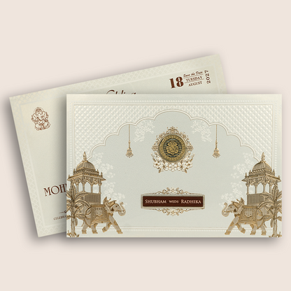 White Embossed Elephant Padded Wedding Invitation - KSH27210