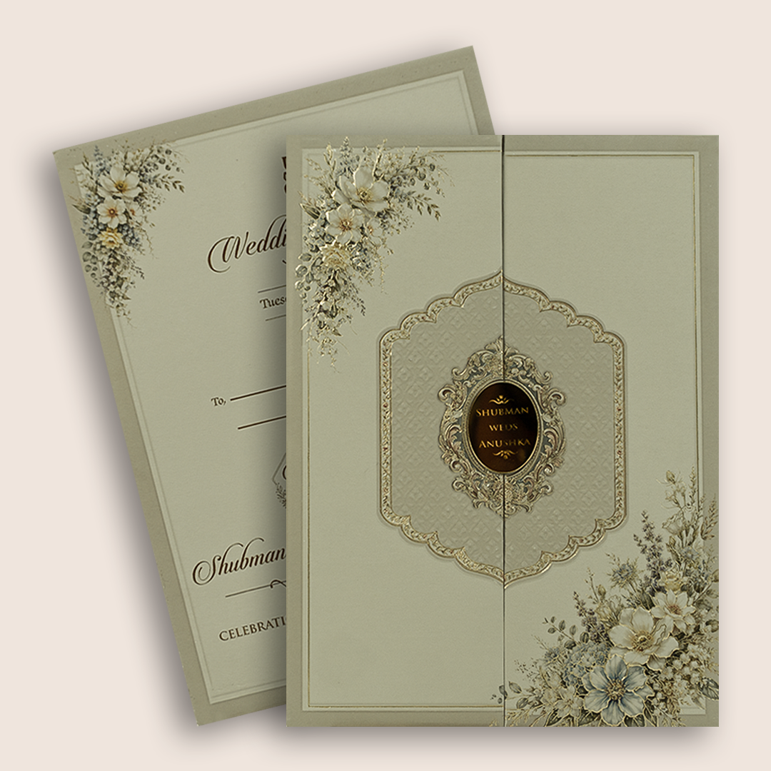 Grey Embossed Floral Door Style Padded Marriage Invitation - KRB10810