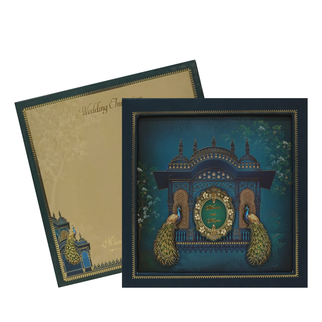 Royal Blue Gold Palace Peacock Padded Wedding Card - KMMEX8020