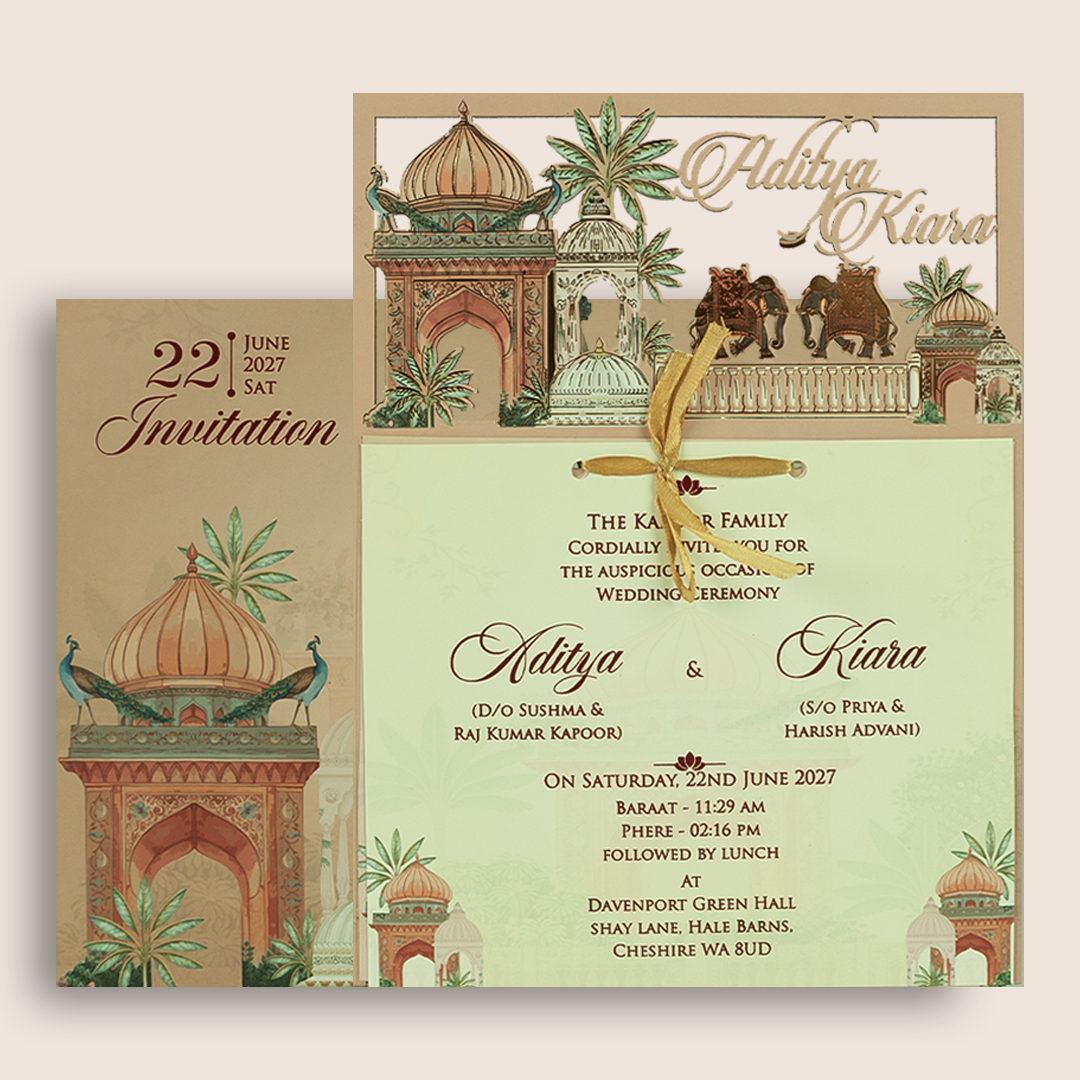 Peach Jharokha MDF Laser Cut Marriage Invitation - KFR16060