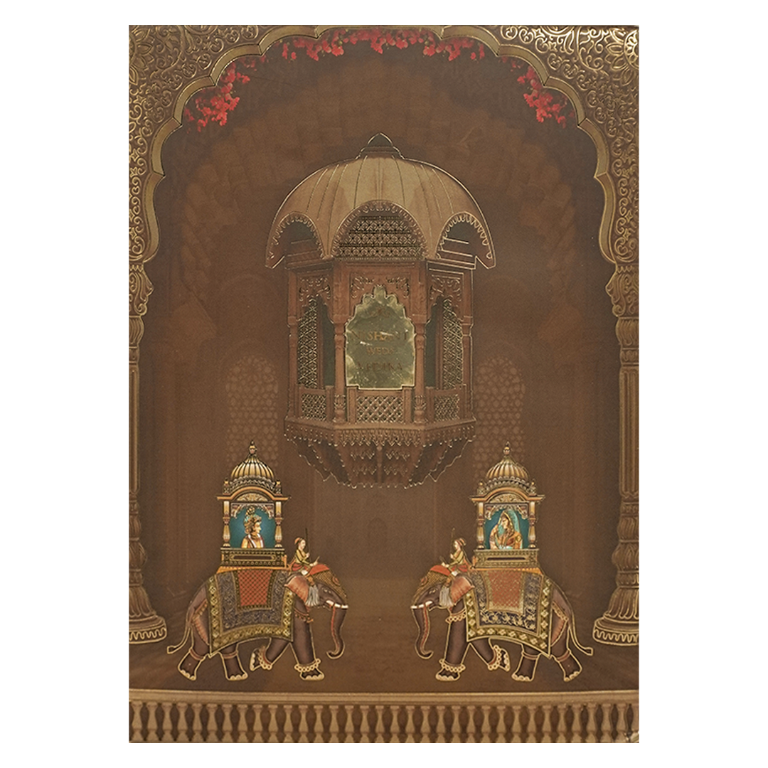 Brown Palace Elephant Padded Wedding Card-KRE27980