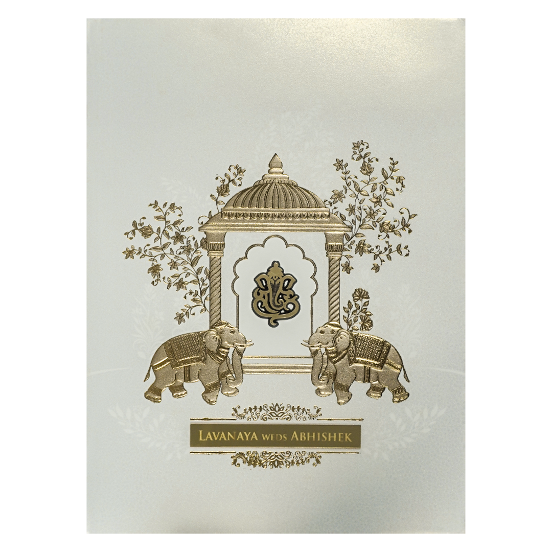 White Arch Ganesha Padded Wedding Card-KRE27510