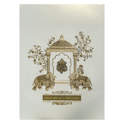 White Arch Ganesha Padded Wedding Card-KRE27510
