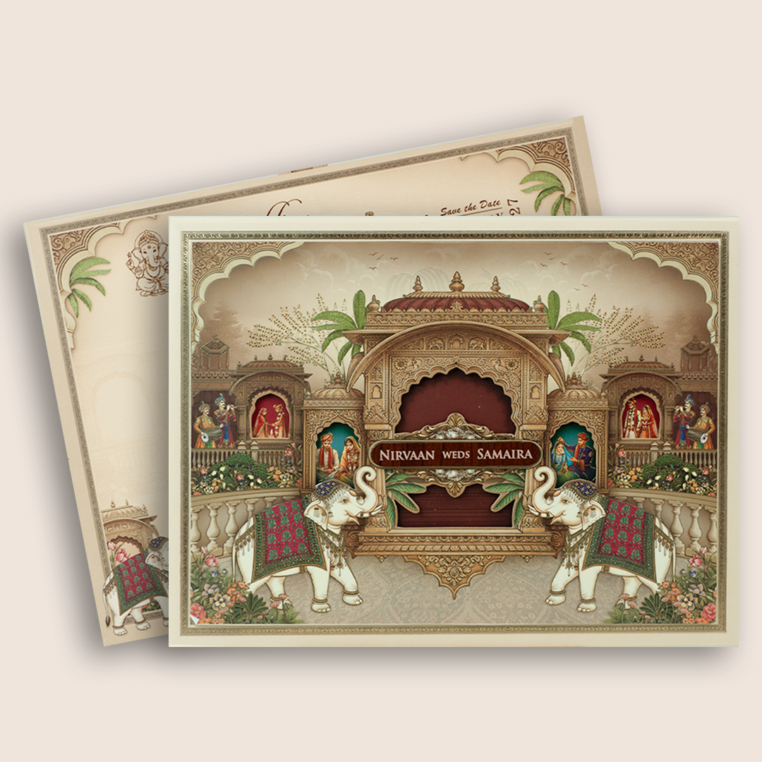 Beige Royal Elephant Laser Cut Padded Wedding Invitation - KSH27060