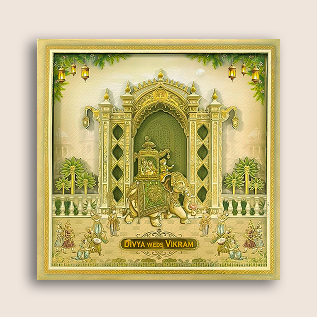 Beige Palace Elephant Padded Wedding Card - KNAM4905