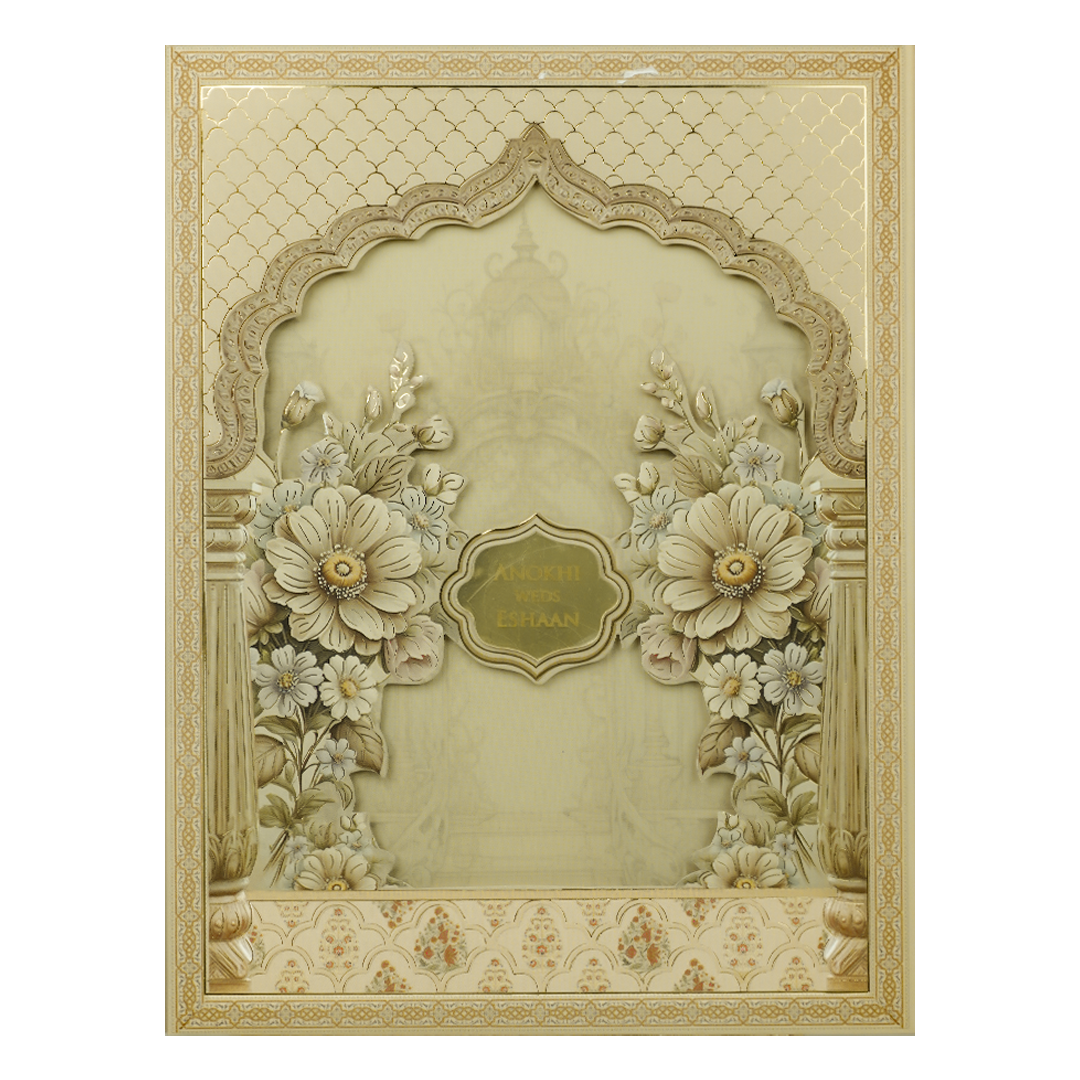 Gold Floral Arch Lasercut Padded Wedding Card-KJTS3683