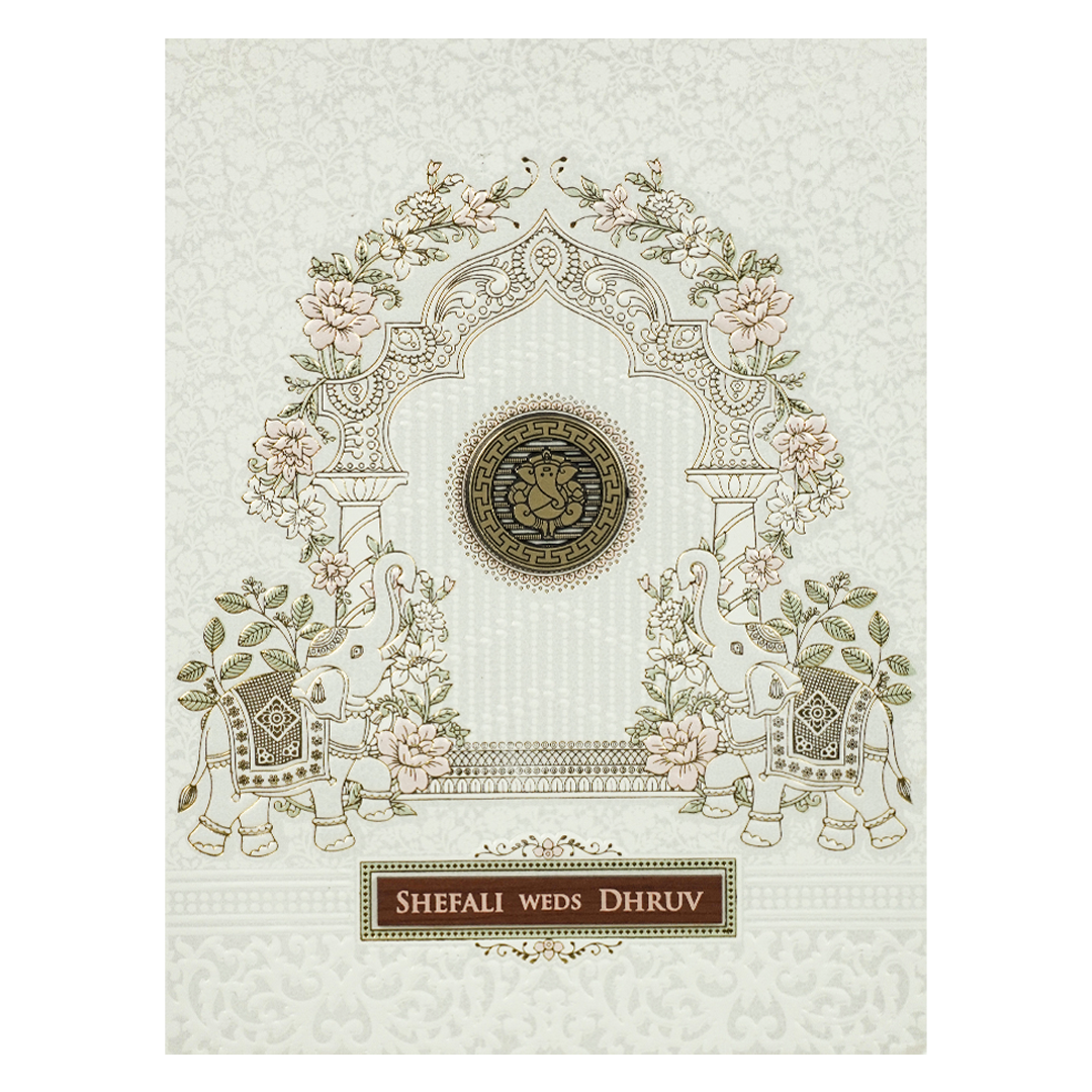 White Ganesha Elephant Embossed Wedding Card-KRE28390