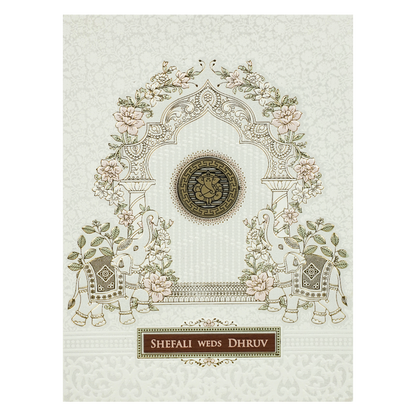White Ganesha Elephant Embossed Wedding Card-KRE28390