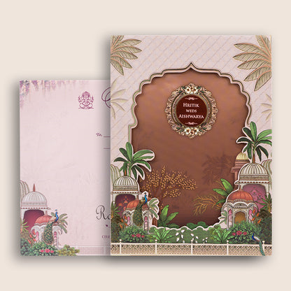 Brown Laser Cut Jharokha Padded Wedding Invitation - KSH18540