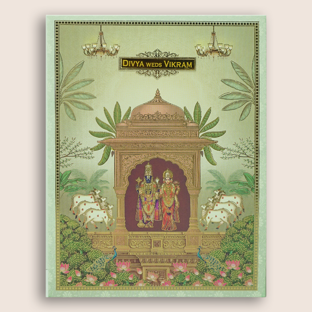 Green Floral Lord Balaji Padmavathi Wedding Card-KNKJ1158