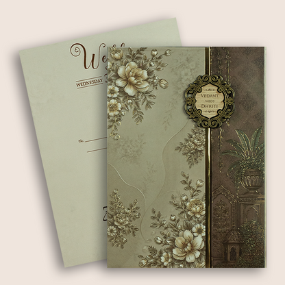 Beige Floral Padded Door Style Wedding Invitation - KSH18840