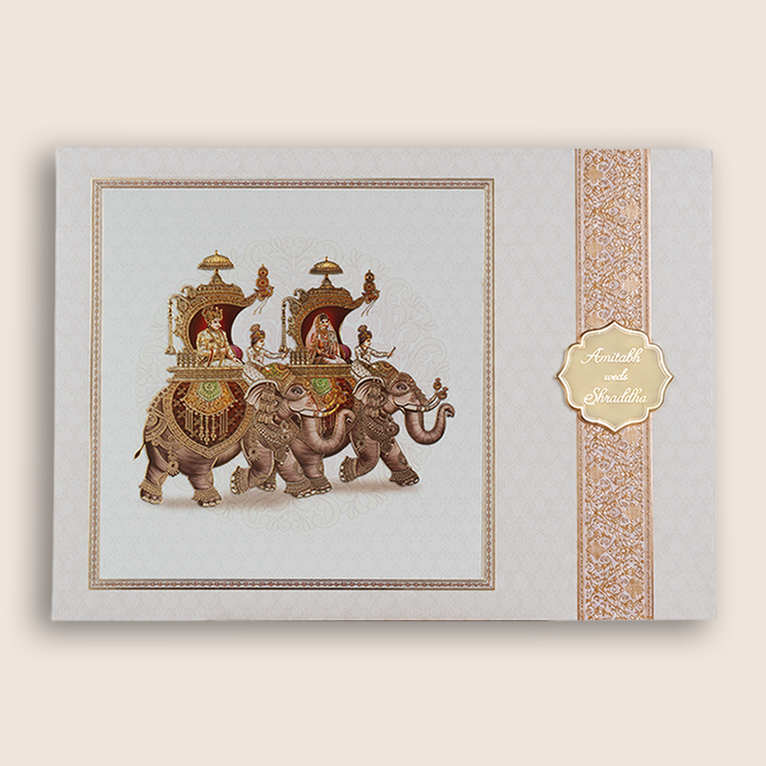 White Royal Baraat Door Style Wedding Card - KAA05420