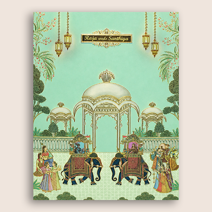 Pastel Green Royal Elephant Floral Wedding Card - KNKJ1159