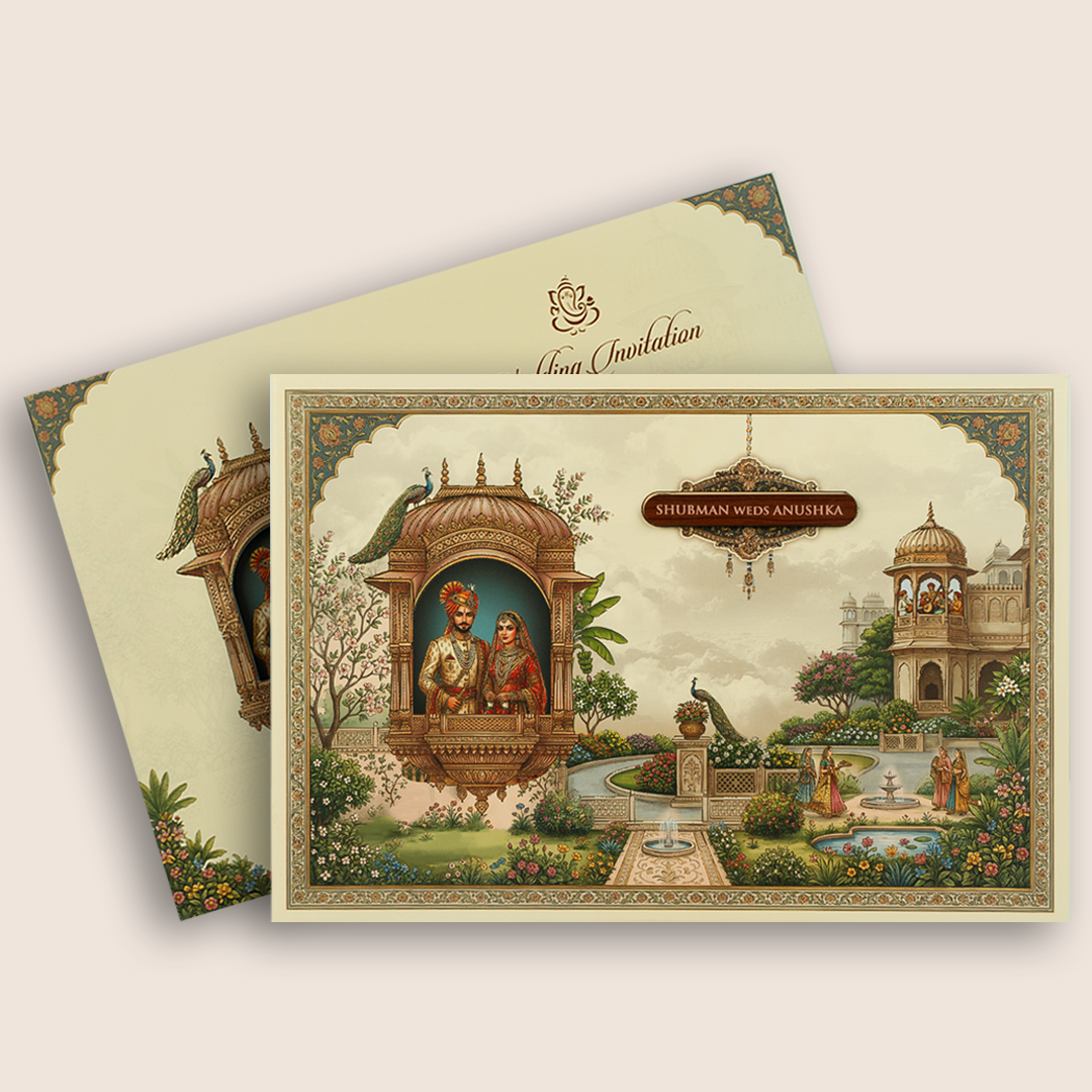 Cream Bride Groom Jharokha Padded Wedding Card - KRB10720