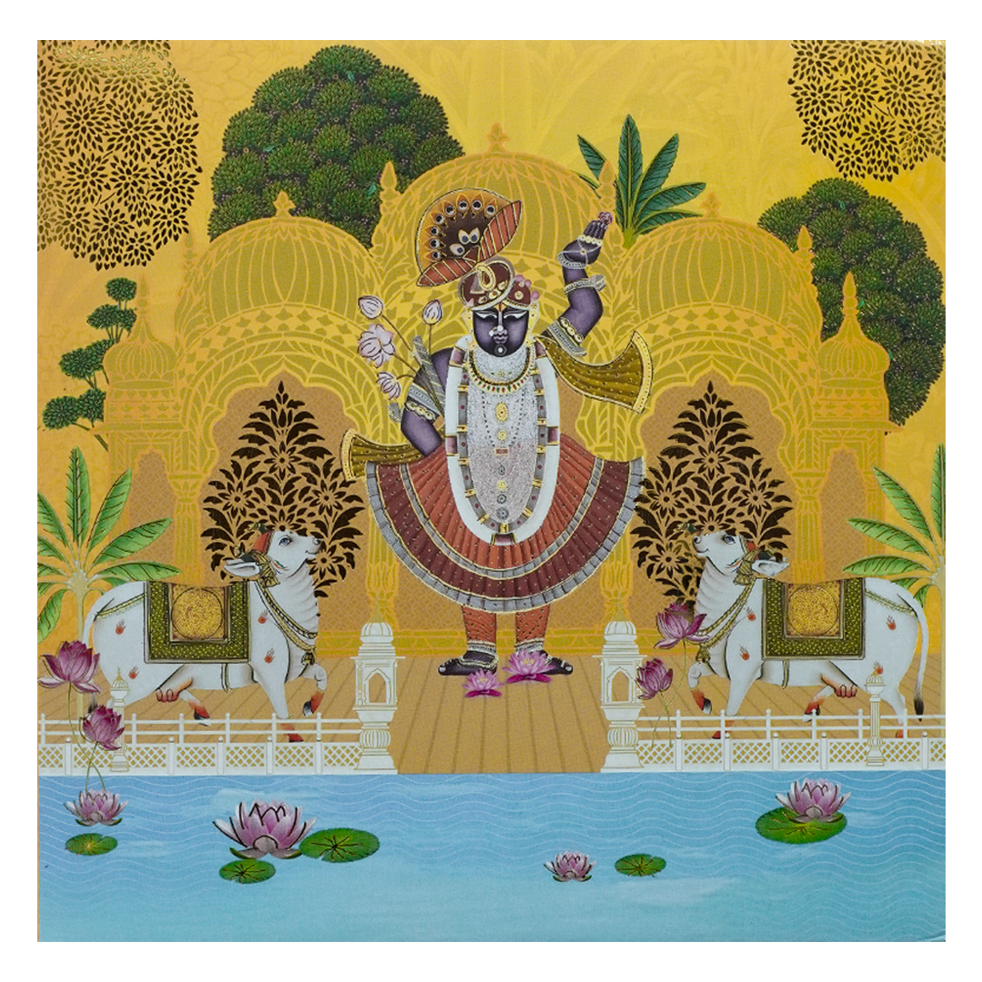 Yellow Lord Krishna Floral Padded Wedding Card - KBM05190