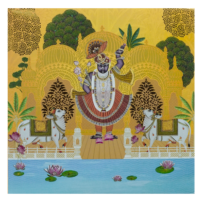 Yellow Lord Krishna Floral Padded Wedding Card - KBM05190