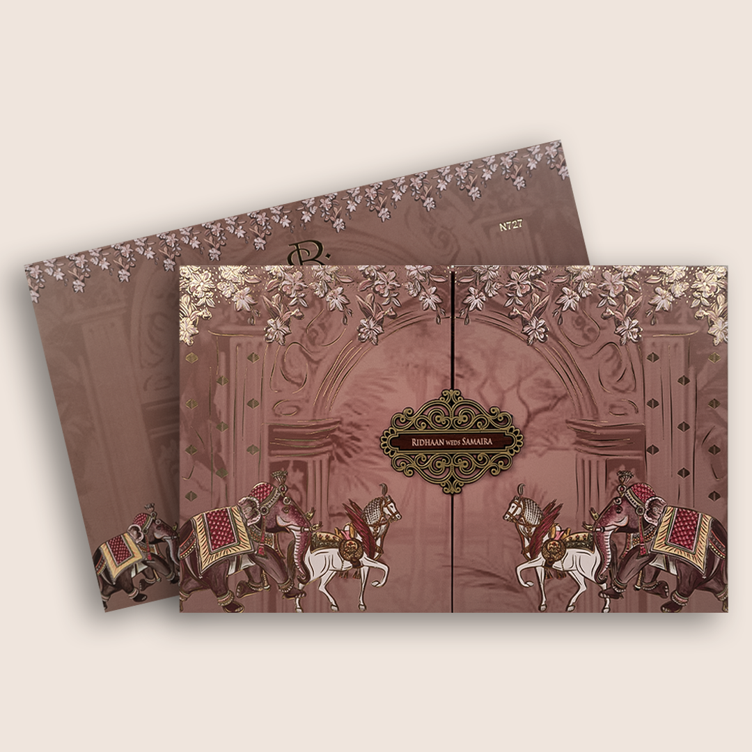 Pink Embossed Elephant Horse Doorstyle Padded Wedding Card - KVN07270