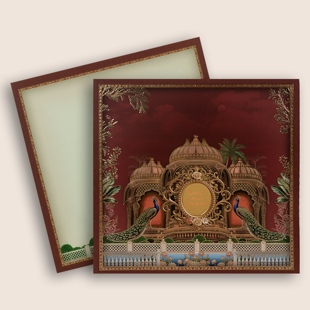 Maroon Jharokha Design Peacock Wedding Invitation - KNSR8811M