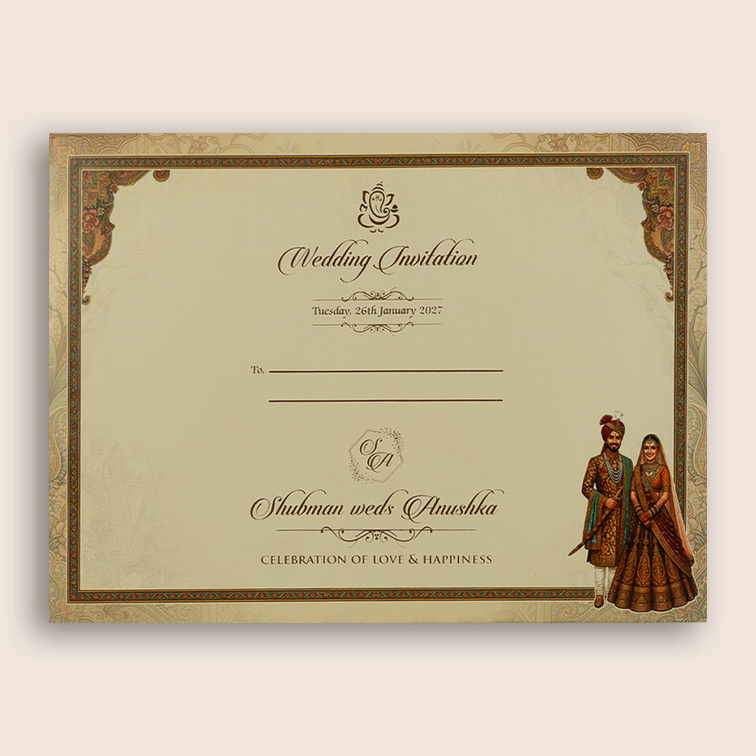 Beige Bride Groom Palace Laser Cut Padded Wedding Card - KRB10550