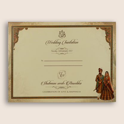 Beige Bride Groom Palace Laser Cut Padded Wedding Card - KRB10550