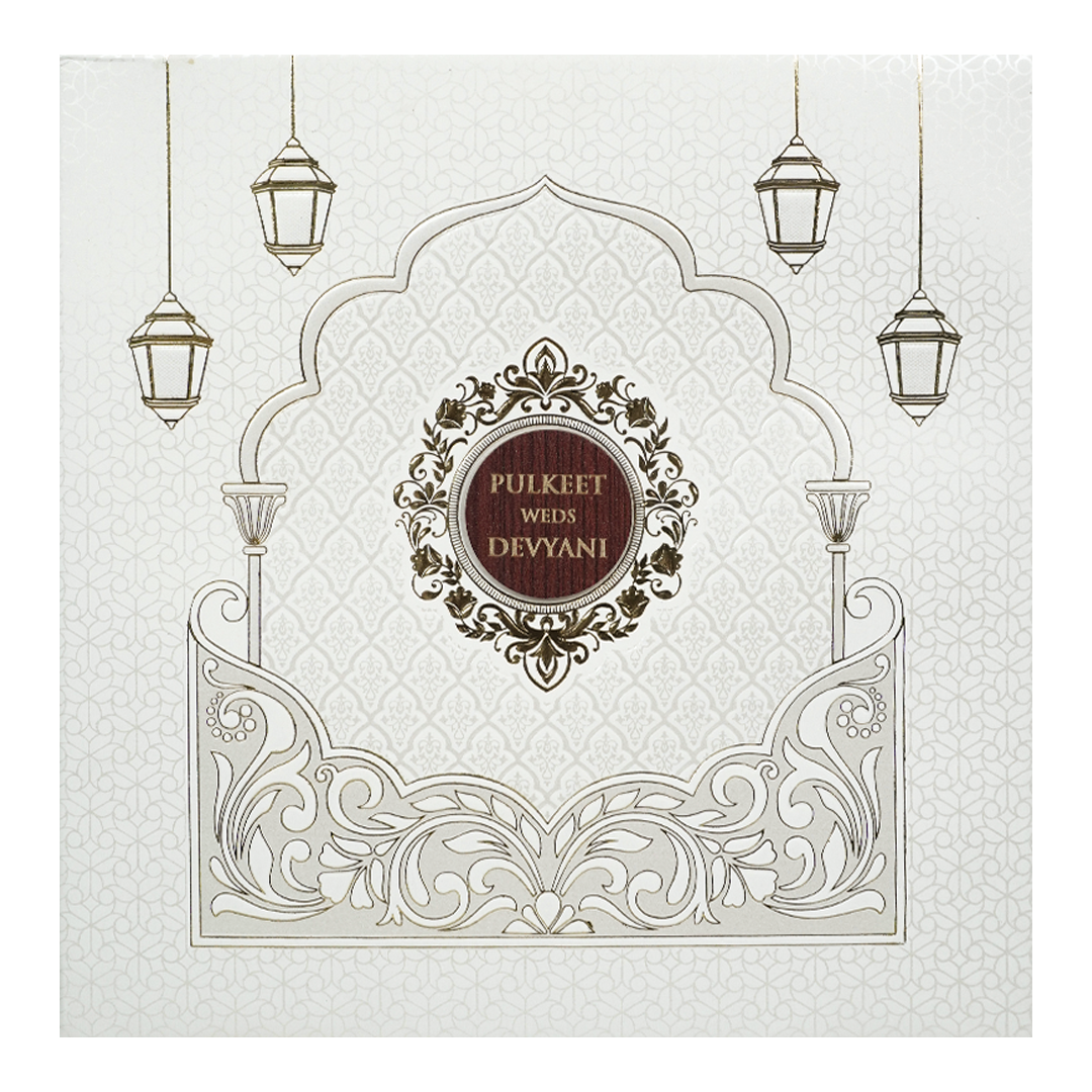 White Arch Lantern Padded Wedding Card-KJTS1856